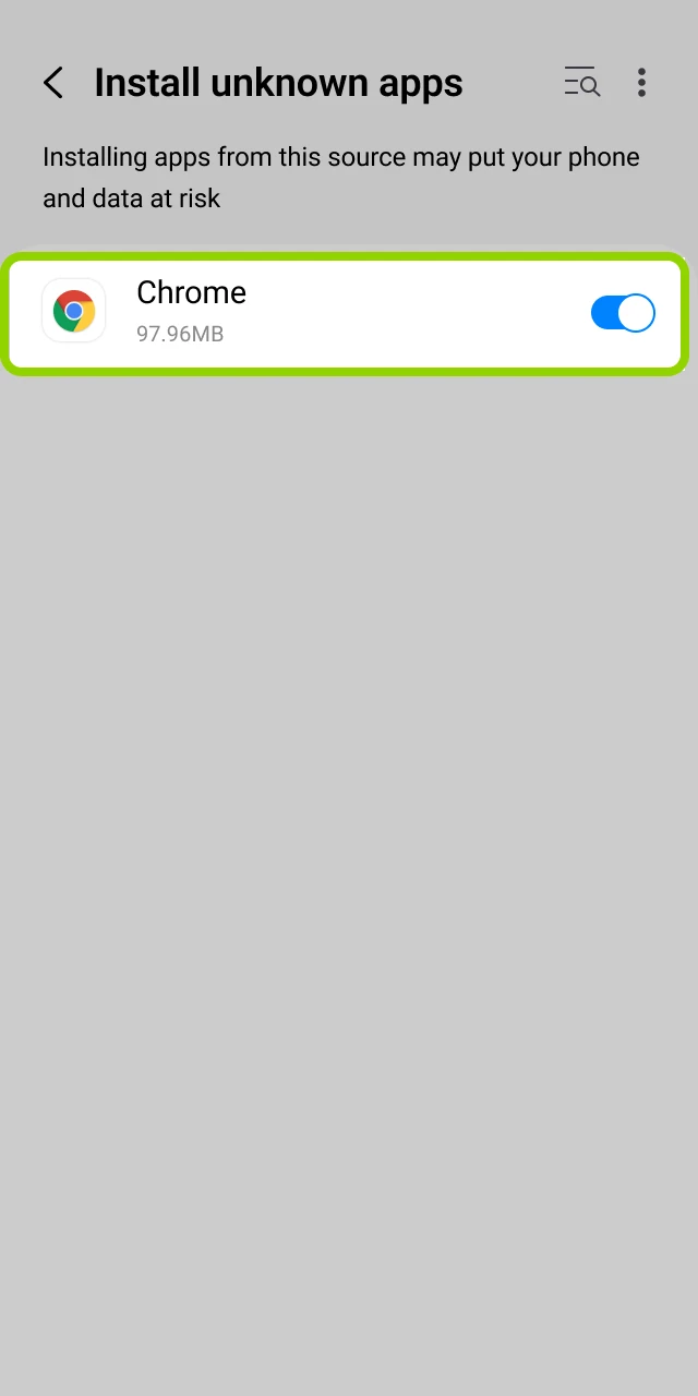 Android security settings screen to allow app installation from the browser.