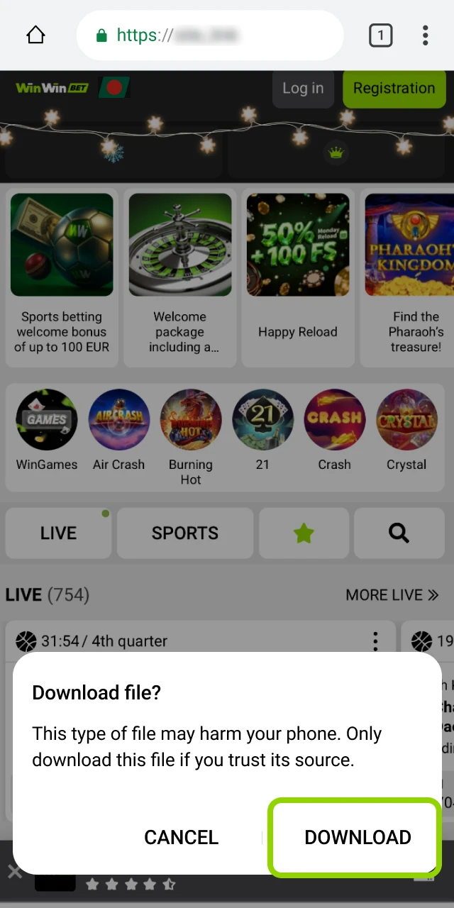 Android download confirmation prompt for the WinWin APK file.