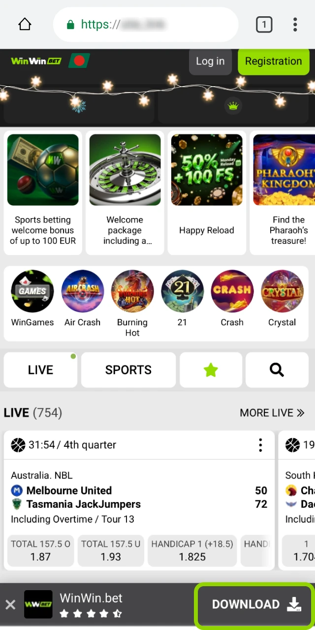 The official WinWin Bangladesh website with a prominent APK download button.