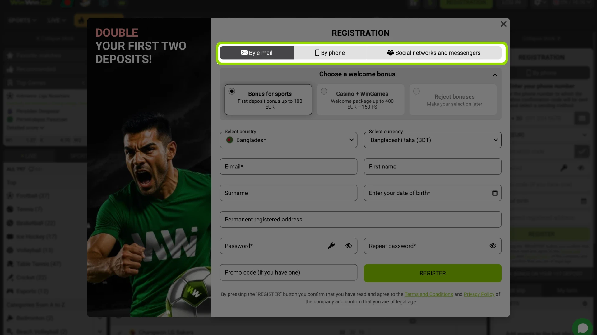 he WinWin sign-up form showing different registration method options.