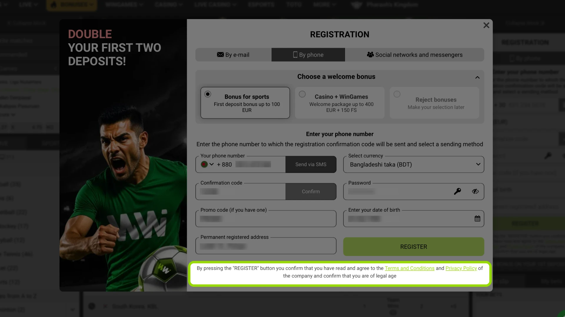 Final step of the WinWin sign-up process to confirm details and accept terms.