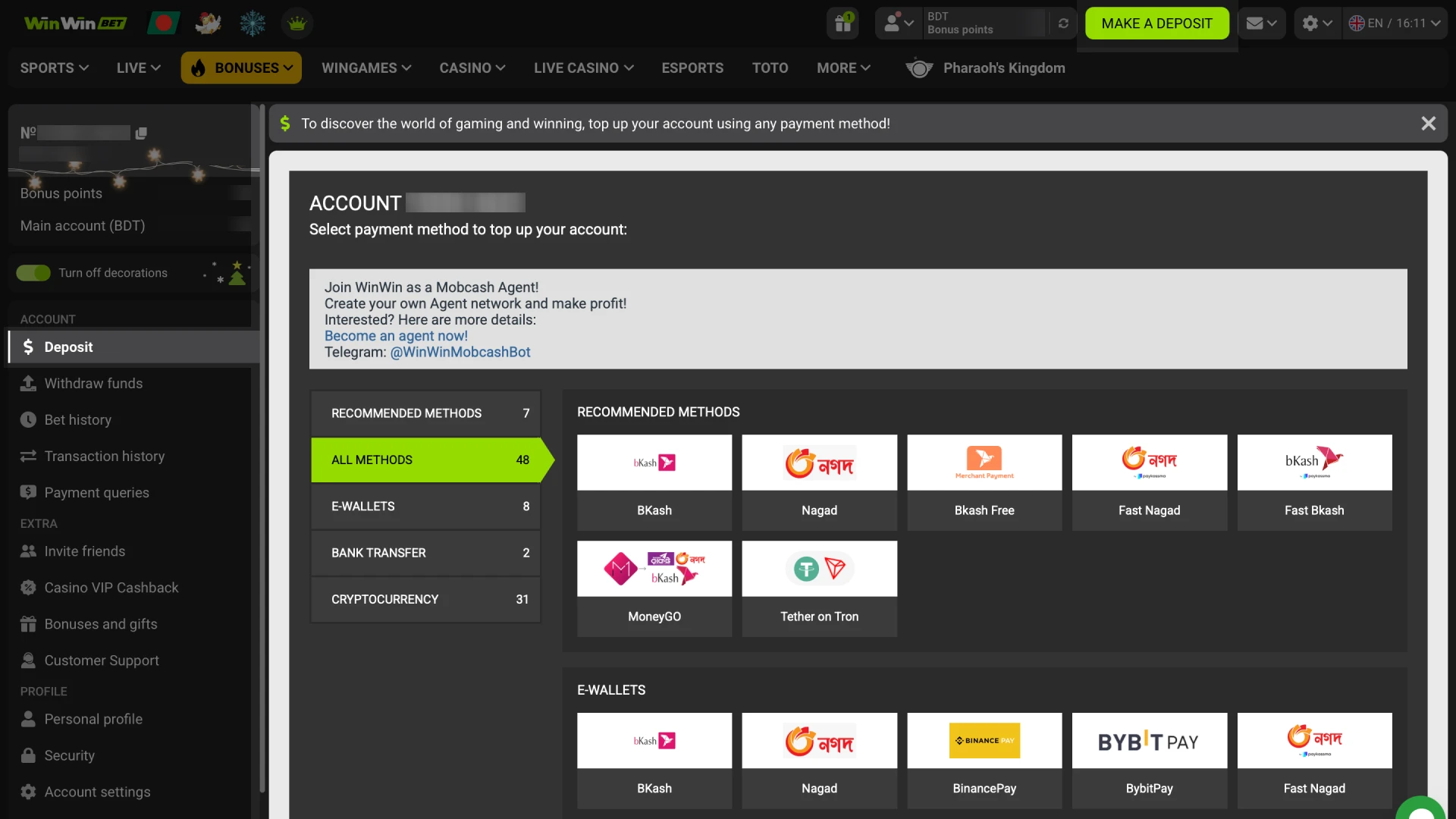 The cashier deposit page on WinWin showing local payment methods like bKash.