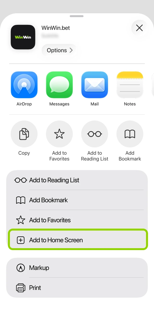 The Safari share menu on iOS with the "Add to Home Screen" option highlighted.