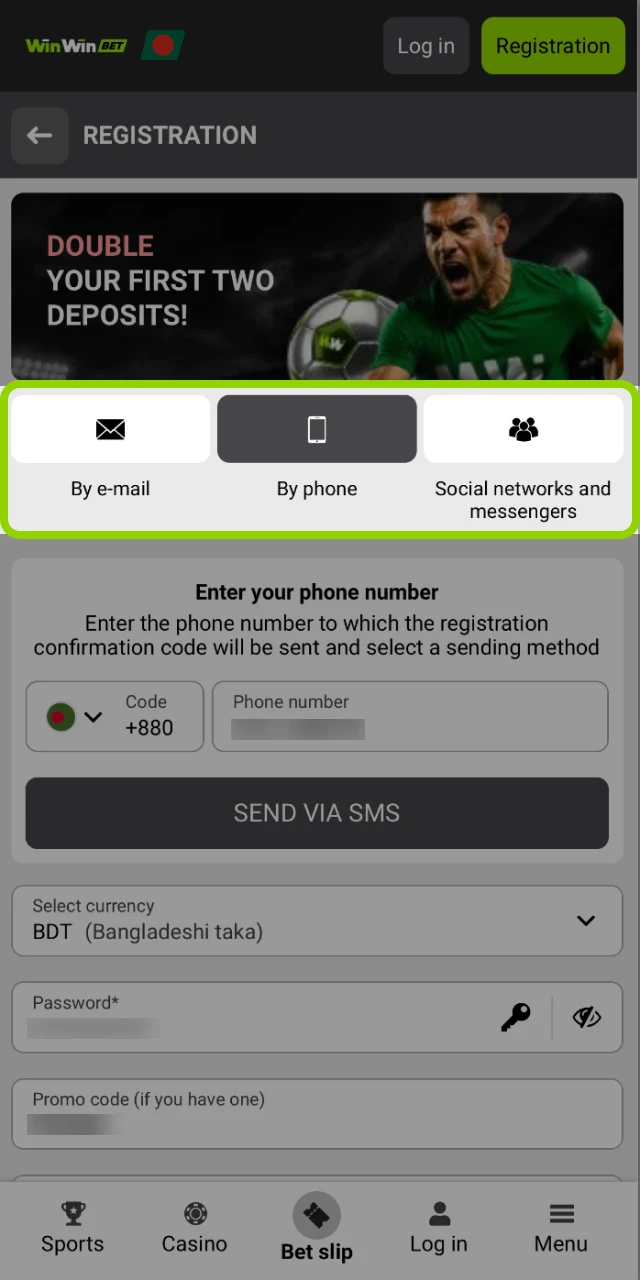 Registration method selection screen inside the WinWin mobile application.