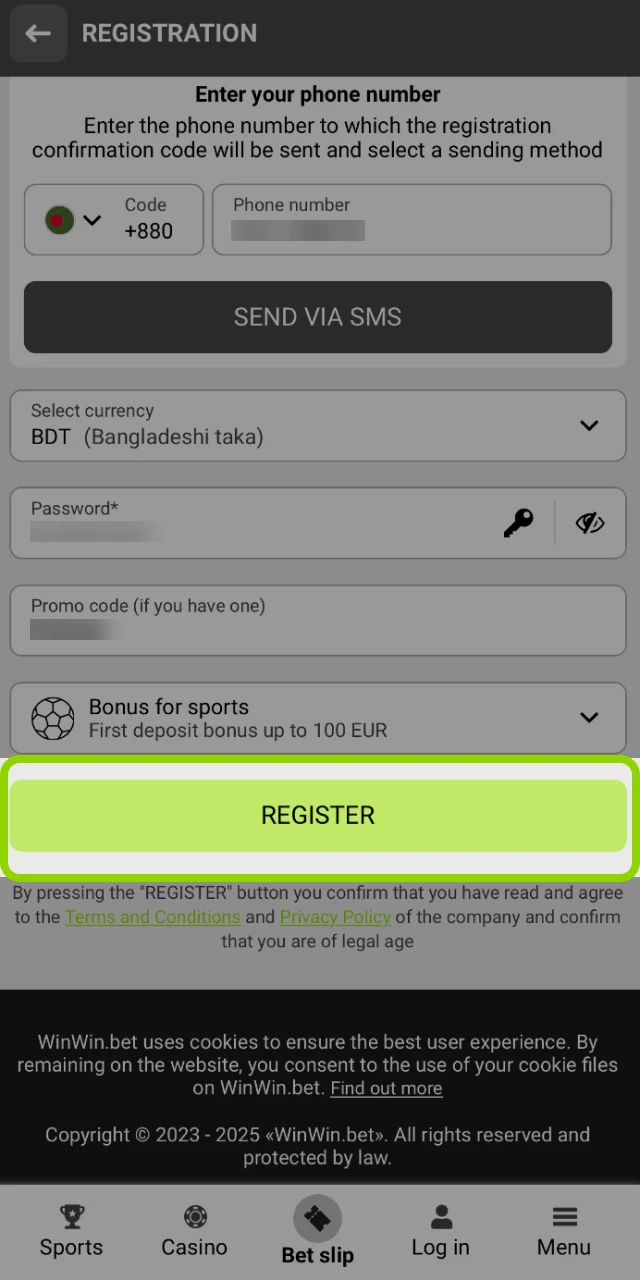 The final confirmation or login screen inside the newly registered WinWin app.