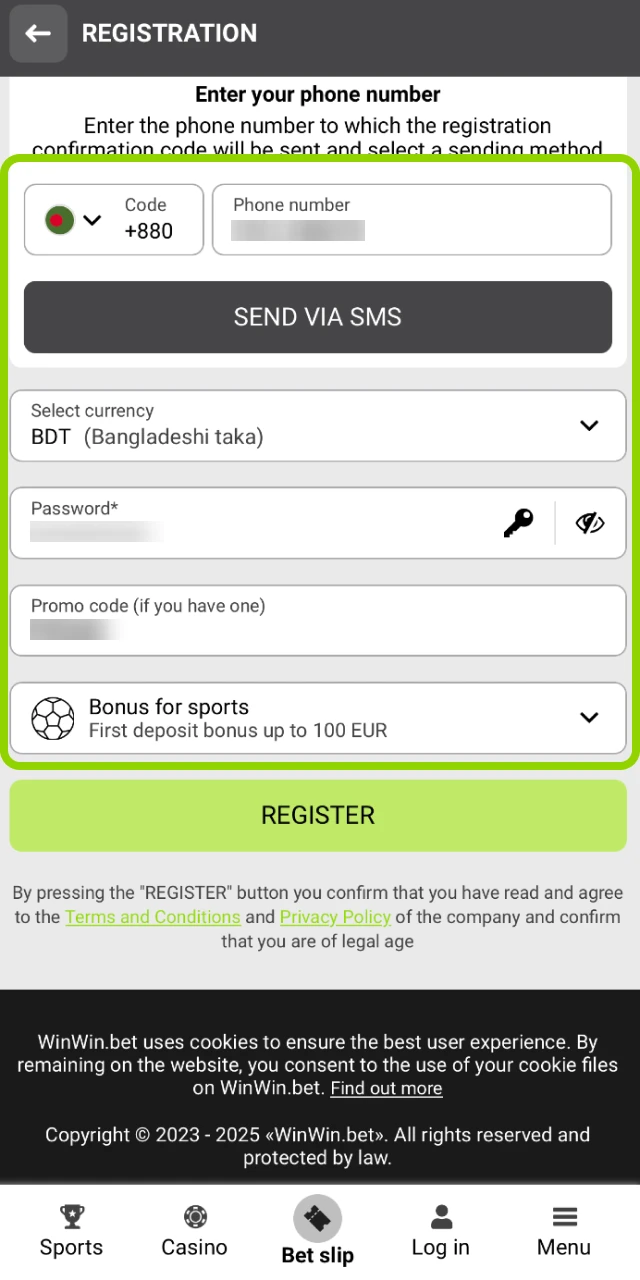 Filling out the personal details form within the WinWin mobile app.