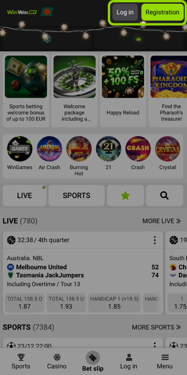 The welcome screen of the WinWin mobile app with the Register button.