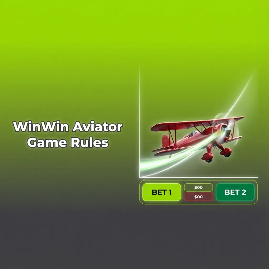 Illustration of WinWin Aviator: red plane, rising multiplier, cash out button, and two bet panels showing core game rules