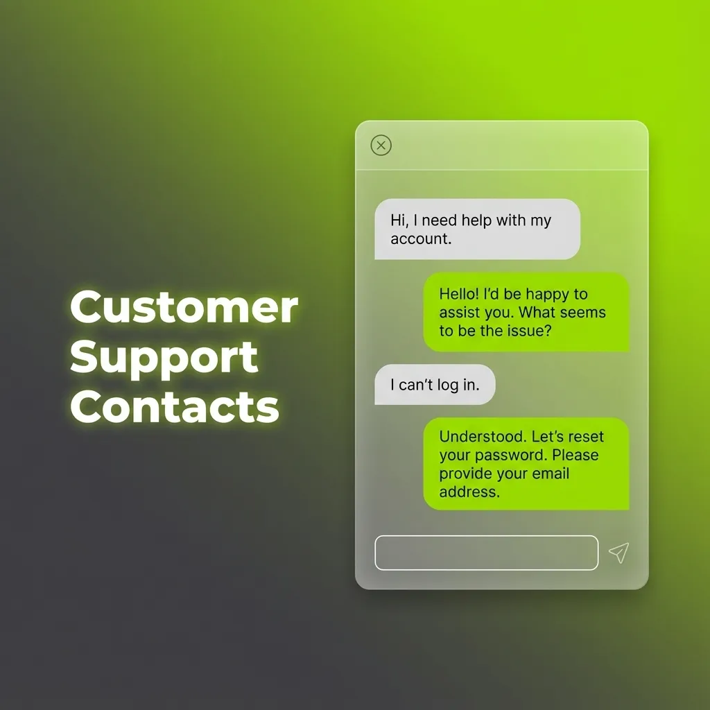 Icons for live chat, email, phone, and messaging apps with brief text on contacting customer support