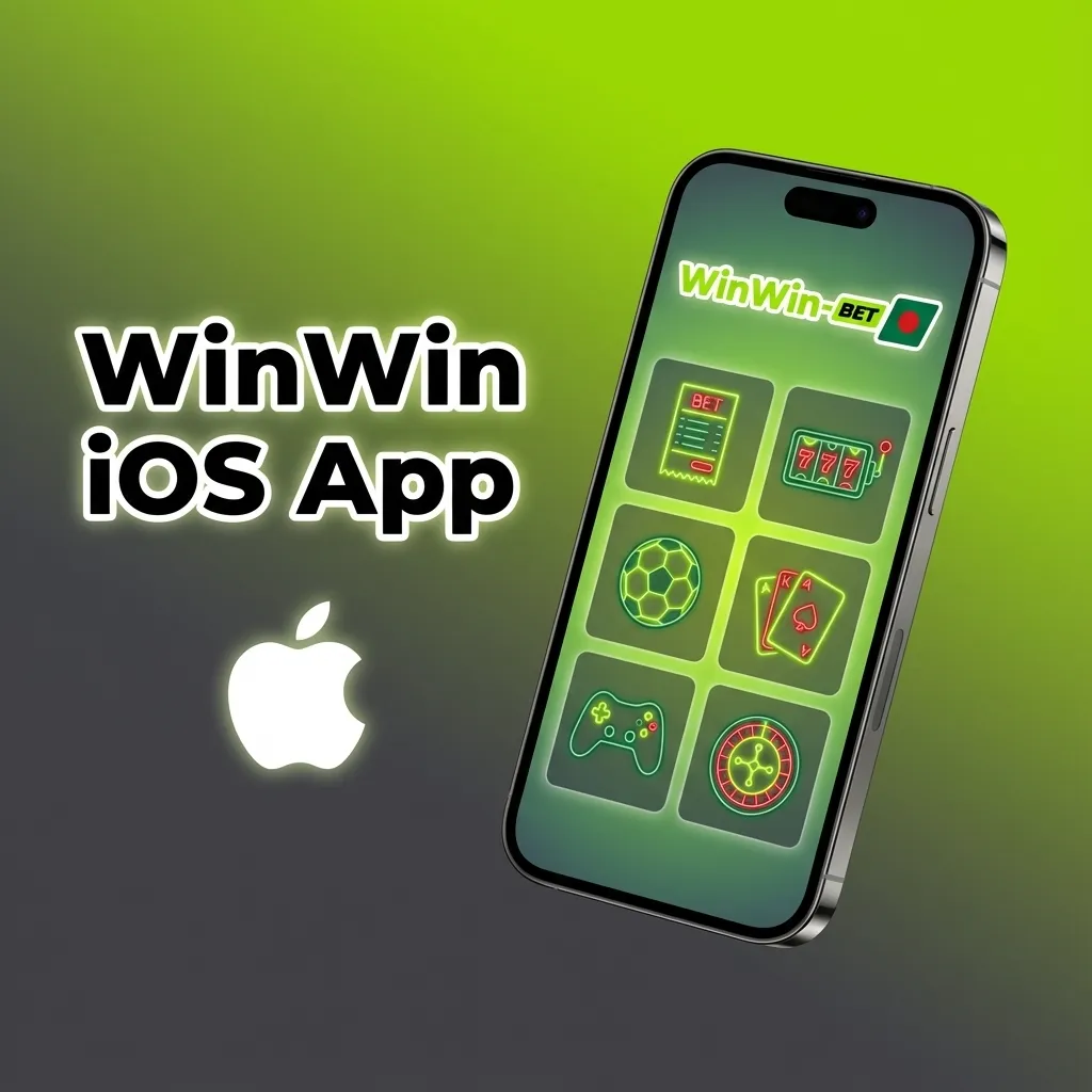 Hand holding an iPhone showing the WinWin iOS app with sports, live betting, and casino options on the screen