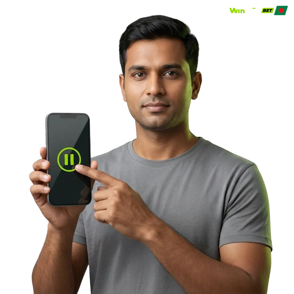 Illustration of a calm player using gambling control tools with text emphasizing safe, responsible play on WinWin in Bangladesh