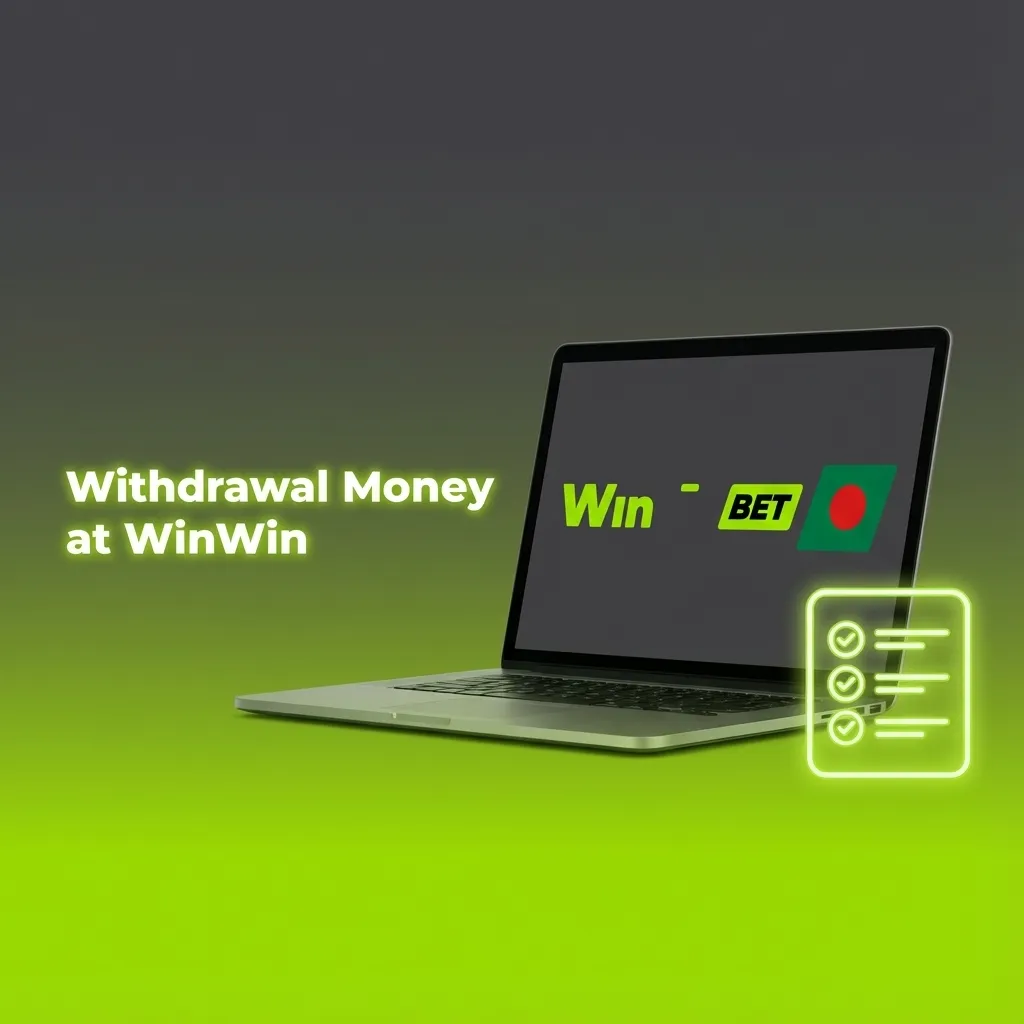 Illustration of a person withdrawing money online from WinWin in Bangladesh using a laptop and digital payment methods